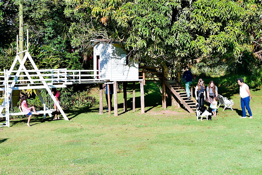 Crianças, adultos e pet reunidos junto à casa da árvore da Aldeia